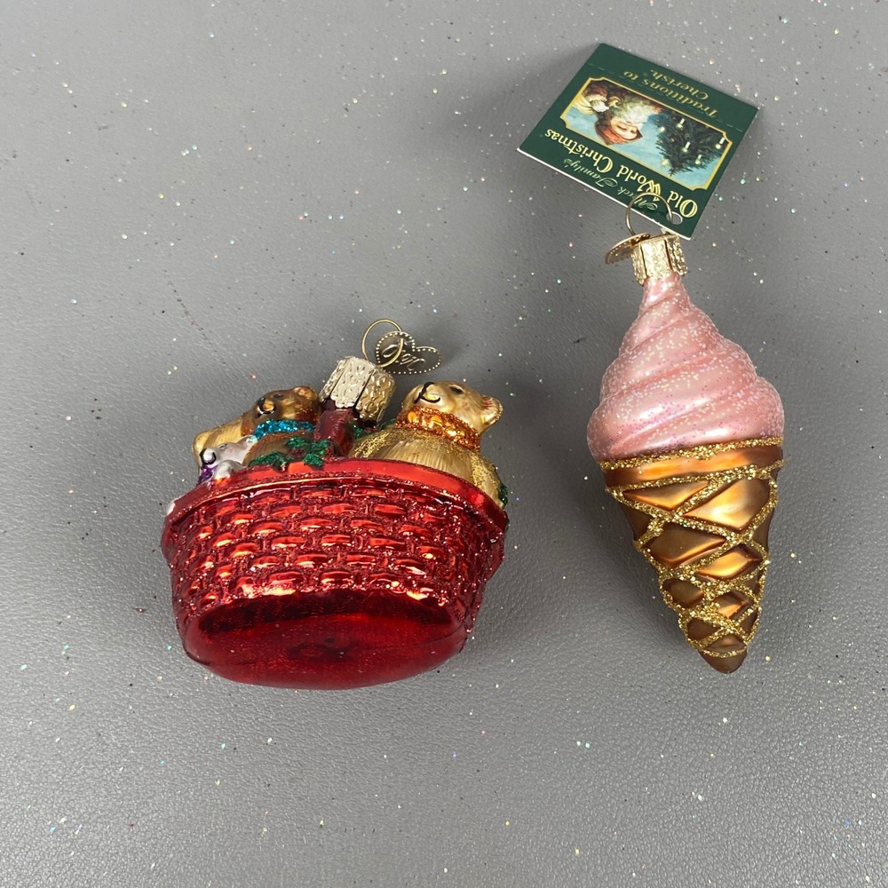 Old World Christmas Glass Ornaments Teddy Bear Basket & Pink Ice Cream Cone Set
